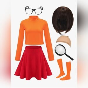 Velma Halloween Costume, Women,Brown Bob Wig,Long Sleeve Turtleneck Crop Top,xl